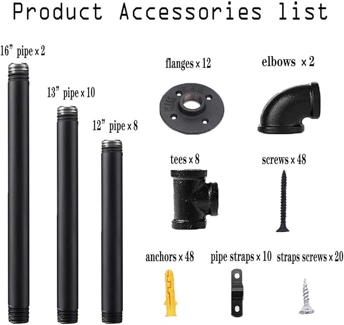 Industrial Wall Mount Iron Pipe Shelf Bracket,Vintage Retro Black DIY Open Bookshelf, Storage Shelves, Ceiling hung Shelves for Home Kitchen Office(2PcsX5Tier,70" Tall,12"deep,Hardware Only)