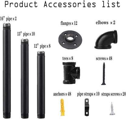 Industrial Wall Mount Iron Pipe Shelf Bracket,Vintage Retro Black DIY Open Bookshelf, Storage Shelves, Ceiling hung Shelves for Home Kitchen Office(2PcsX5Tier,70" Tall,12"deep,Hardware Only)