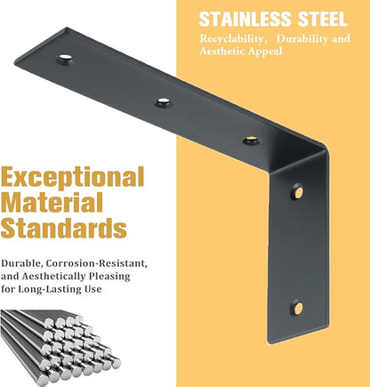 Alise Floating Shelf Brackets Heavy Duty L-Shaped Wall Brackets - Black Angle Corner Braces for Shelves, Stainless Steel Reinforced Shelf Support Bracket for Wooden Boards 5x3.4 Inch, Pack of 4