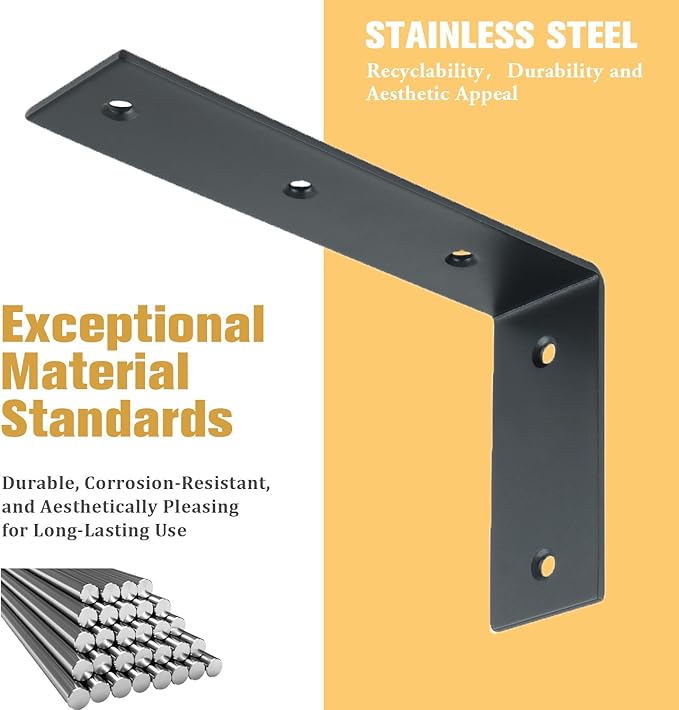 Alise Floating Shelf Brackets Heavy Duty L-Shaped Wall Brackets - Black Angle Corner Braces for Shelves, Stainless Steel Reinforced Shelf Support Bracket for Wooden Boards 7x4 Inch,Pack of 4