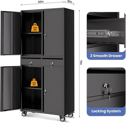 Garvee Metal Storage Cabinet, 73 Inch Garage Storage with Locking Doors and Adjustable Shelves, Heavy Duty Tool Cabinet with 2 Drawers