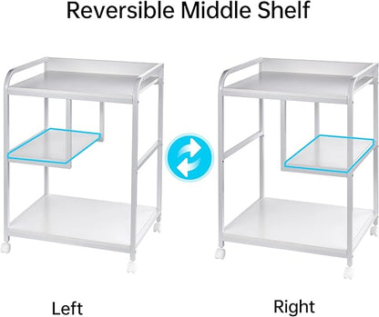 Large Printer Stand Table with Storage Shelf for Host Computer, PC Tower, CPU and Shredder, 3 Tier Rolling Printer Cart with Wheels for Home Office Storage and Organization - White