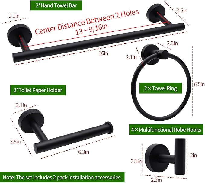 10pcs Bathroom Hardware Set, Including 16" Hand Towel Bars, Toilet Paper Holders, Towel Rings, Robe Towel Hooks