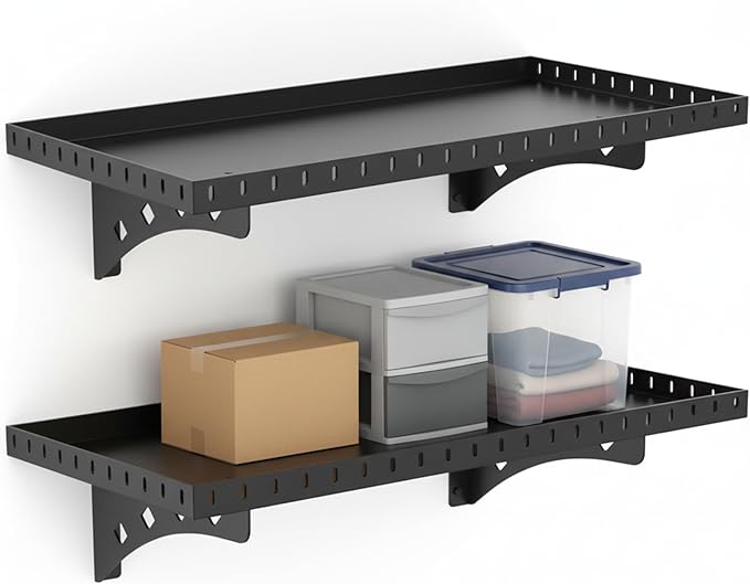 2 Pack Garage Wall Shelf, 1X2 Ft Heavy Duty Shelving, for Garage, Power Tools, Toolbox, Storage Shelves with for Workshop Office, Holds Up to 100 Lbs (Black)