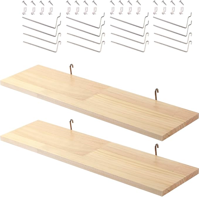 SEVENY 2 Pack Pegboard Shelf Wall Organizer, Pine Wooden Garage Tool Storage,PegBoard Shelve, Wooden Board for Walls, Apartment, Office Organization, Kitchen, Craft Room, Workshop,Studio Garage,Large