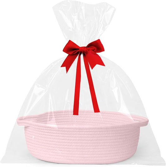 Small Baskets for Gifts Empty, 13"x 9"x 5" Woven Gift Basket with Bag and Ribbon, Cotton Rope Kids Dog Cat Toy Bin Box, Cute Baby Nursery Organizer, Decorative Storage with Handles (Pink)