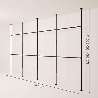 pamo Black Industrial Pipe Clothing Rack - LOFT IV - Steplessly Adjustable Closet Organizer System for Ceiling Heights between 86" - 98"- Suitable as Closet Clothes Rack or Room Divider