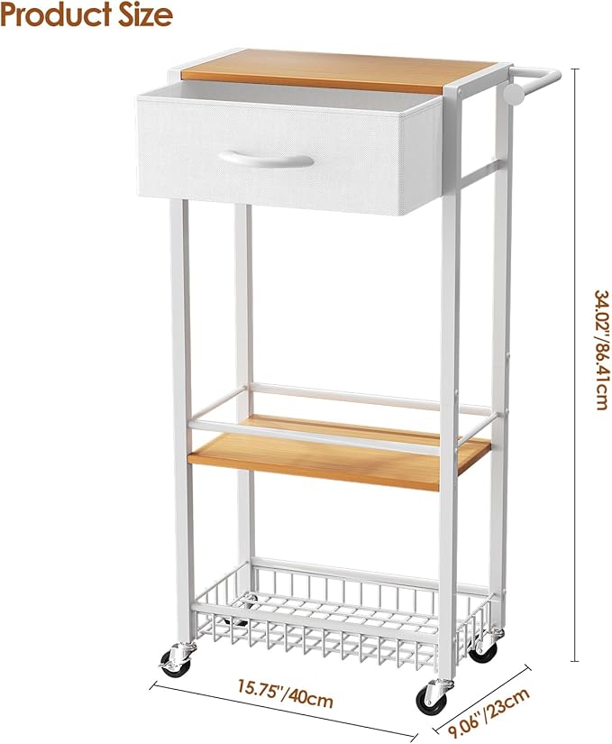 Lewondr Rolling Storage Cart with Drawers, 3-Tier Laundry Room Shelves, Sturdy Bathroom Organizer Shelf with Wood Top, Rolling Drawer Cart with Handle and Wheels for Kitchen, Office, Classroom, White