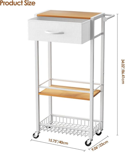 Lewondr Rolling Storage Cart with Drawers, 3-Tier Laundry Room Shelves, Sturdy Bathroom Organizer Shelf with Wood Top, Rolling Drawer Cart with Handle and Wheels for Kitchen, Office, Classroom, White