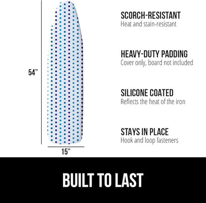 GORILLA GRIP The Original Ironing Board Cover and Pad, Silicone Coating, Thick Scorch Resistant Padding, Heavy Duty Iron Covers Standard Boards, Hook and Loop Fastener Strap, Blue Dots, 15x54