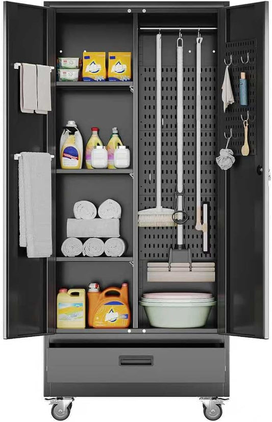 Broom Closet Storage Cabinet with Wheels and Drawer, 5 Pegboard and 13 Hooks, Metal Garage Storage Cabinet with Doors and 3 Adjustable Shelves for Garage Home Bathroom, Assembly Required,Black