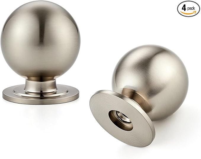 4 Pack Brushed Nickel Cabinet Knobs, Round Dresser Knobs, Ball Kitchen Cabinet Hardware, 0.95" Diameter