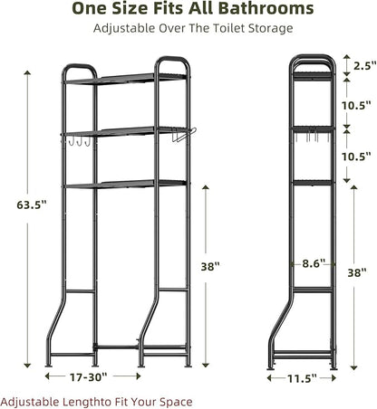 Simple Trending Expandable Over The Toilet Storage Rack, Metal 3 Tier Bathroom Organizer Shelf with Paper Holder and 3 Hooks, Black