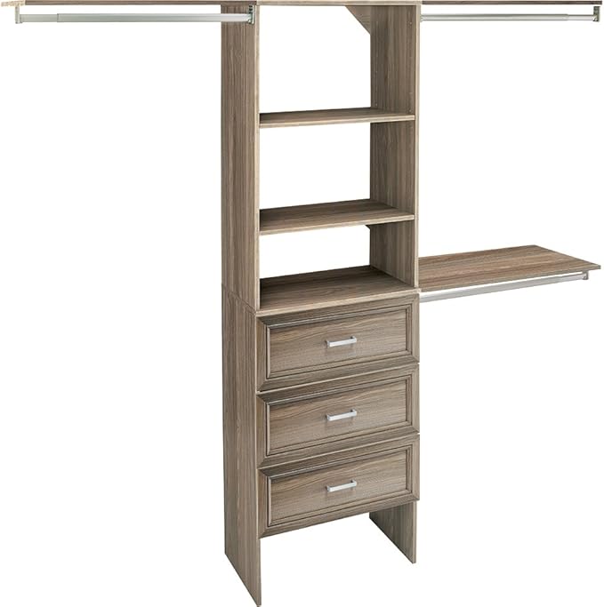 ClosetMaid SuiteSymphony Wood Closet Organizer Kit with Tower, 3 Hang Rods, Top Shelves, 3 Drawers, Adjustable, Fits Spaces 6-10 ft. Wide, Natural Gray