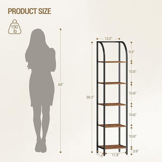 Bookshelf Bookcase Narrow Bookcase Shelf Organizer with Steel Frame for Study Living Room Bedroom Kitchen Home Office Industrial Bookshelf 5-Tier Rustic Brown BC55001B