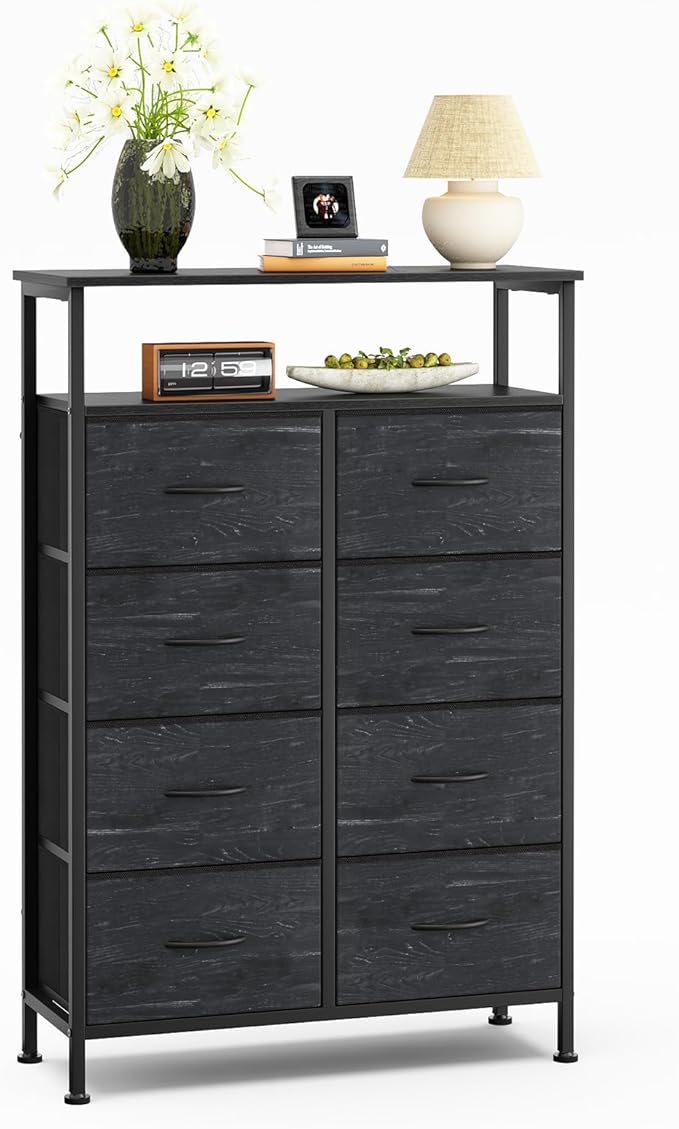 DUMOS TV Stands for Living Room with 8 Drawers, Tall 8-Drawer Chest of Drawers with Raised Shelf, Storage Tower with Fabric Bins for Organization, Hallway Storage, Wood Black