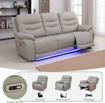 Breathing Leather Power Reclining Sofa, Living Room Furniture Sets, Light Grey Power Recliner Sofa Couch with 2 Recliner Seats/Cup Holders/LED Light/USB Port for Living Room, Office, Rv Car