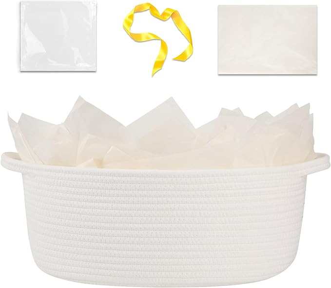 OIAHOMY Gift Basket with Handle, 15.4"x 11.4"x 6.7" Woven Basket with Gift Bag, Ribbon and Wrap Tissue Paper, Nursery Bins Empty to Fill with Towels, Baby, Pet Toy Organizer - White