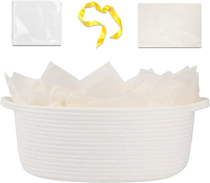 OIAHOMY Gift Basket with Handle, 15.4"x 11.4"x 6.7" Woven Basket with Gift Bag, Ribbon and Wrap Tissue Paper, Nursery Bins Empty to Fill with Towels, Baby, Pet Toy Organizer - White