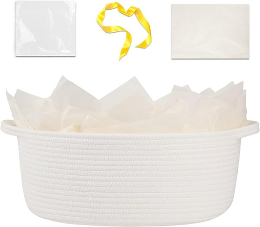 OIAHOMY Gift Basket with Handle, 15.4"x 11.4"x 6.7" Woven Basket with Gift Bag, Ribbon and Wrap Tissue Paper, Nursery Bins Empty to Fill with Towels, Baby, Pet Toy Organizer - White