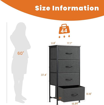 DUMOS Dresser for Bedroom 4 Drawers, Tall Fabric Closet Chests Organizer Tower Furniture with Wooden Top Metal Frame for Living Room, Closet, Grey