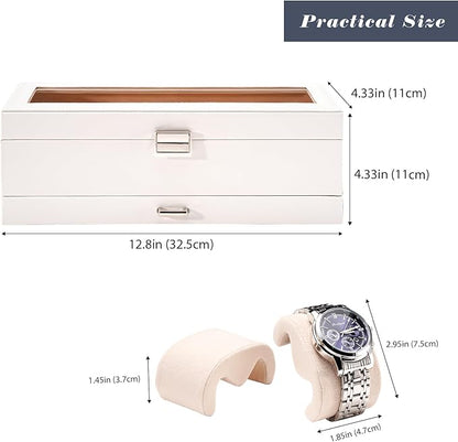 ProCase Watch Box, 6 Slot Watches Display Case with Drawer, Mens Watch Case with Glass Lid, 2-Layer Mens Jewelry Organizer Storage Holder, Birthday Valentine Gifts for Men -6 Slot, White