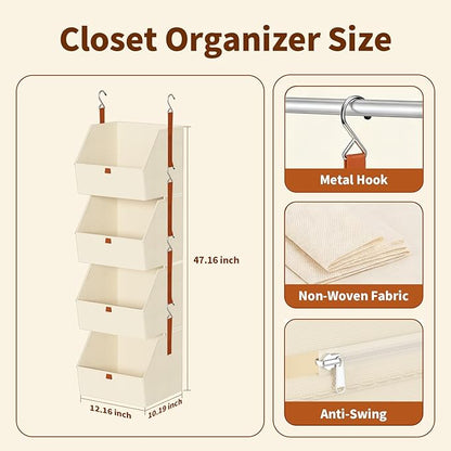 Hanging Closet Organizer 4 Tier, Clothes Hanging Shelves with Foldable Storage Baskets, Space-Saving Closet System for Bedroom, Home, Dorm, RV, Hat, Bags, Shoes