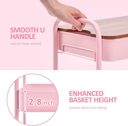 TOOLF 3-Tier Rolling Cart with Table Top, Metal Storage Cart on Wheels, Utility Organizer with Wooden Tray, Lockable Casters, Easy Assembly for Bathroom, Living Room, Office, Bedside, Pink