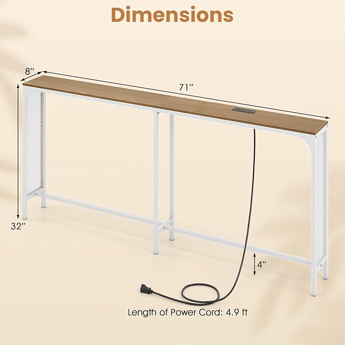 Giantex 71" Narrow Console Table with 2 Power Outlets and USB-C Ports, Sofa Tables with Charging Station & Metal Frame, Skinny Behind Couch Tables, Long Entryway Tables for Living Room, Natural+White