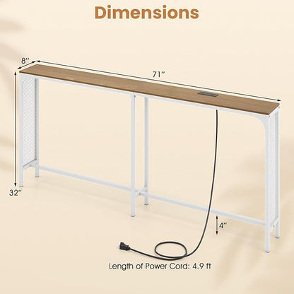 Giantex 71" Narrow Console Table with 2 Power Outlets and USB-C Ports, Sofa Tables with Charging Station & Metal Frame, Skinny Behind Couch Tables, Long Entryway Tables for Living Room, Natural+White