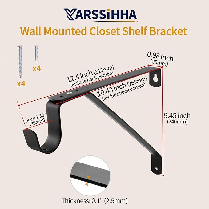 Yarssihha 2 Pack Adjustable Closet Rod Bracket, Wall Mounted Closet Shelf Bracket, Black Closet Rod Support Bracket with Screws