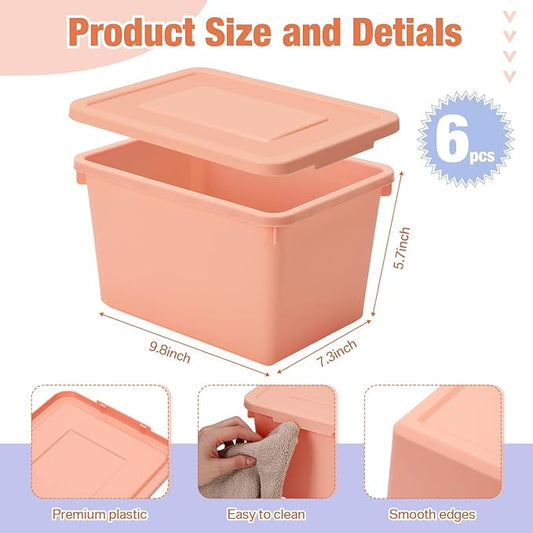 6 Pack Cute Plastic Storage Bins with Lids Decorative Stackable Storage Boxes 9.8" ×7.3" ×5.7" Small Storing Totes for Organizing Craft Office Supplies (Pink,Purple,Orange)