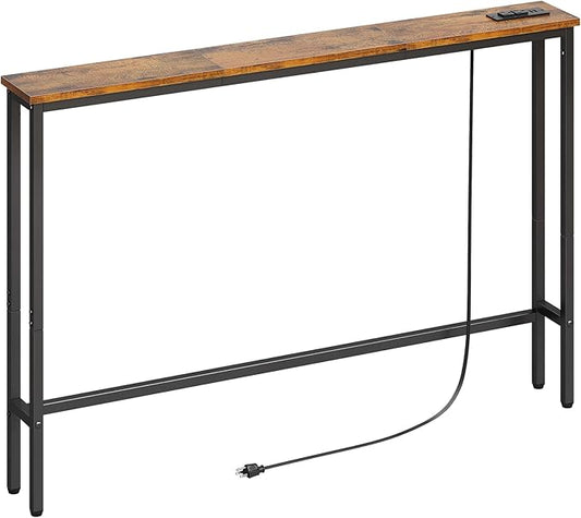 ELYKEN 47.2" Narrow Console Sofa Table with Power Outlet, 5.9'' Behind Couch Table with Charging Station, Long Entryway Tables for Living Room, Hallway, Rustic Brown
