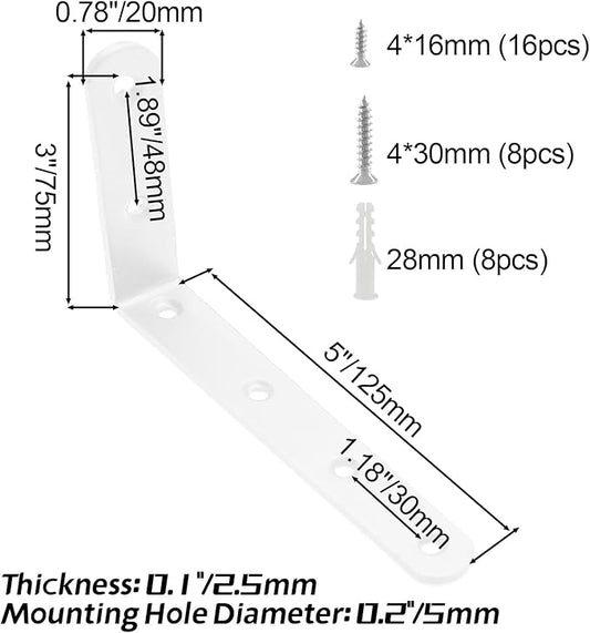 Luomorgo 4 Pcs L Shaped Brackets for Shelves, Heavy Duty Stainless Steel, Decorative Corner Brace Joint Right Angle Brackets, 5 x 3 Inch, White
