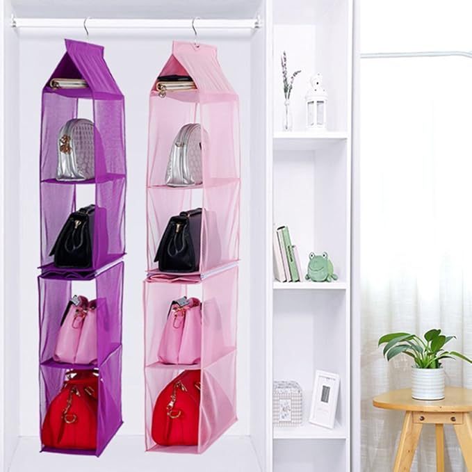 Detachable 4 Compartment Organizer Pouch Hanging Handbag Organizer Clear Purse Bag Collection Storage Holder Wardrobe Closet Space Saving Organizers System for Living Room Bedroom Home Use (Purple)