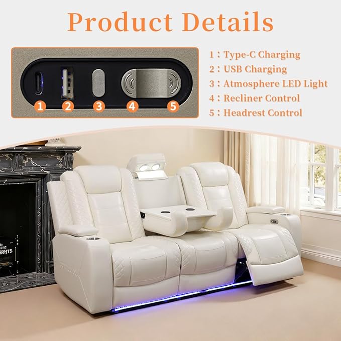 3 Seat Recliner Sofa for Living Room,Living Room Furniture Sets Recling Couch with LED,Soft Creamy White Leather Power Reclining Sofa with Cup Holders,Storage,Breathing Leather for Home/Office
