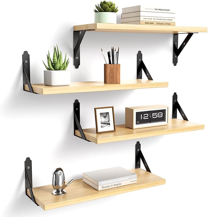 Wood Floating Shelves Set of 4, Rustic Storage Decor Wall Shelves, Wall Mounted Shelf for Living Room, Bedroom 17" x 6", Natural