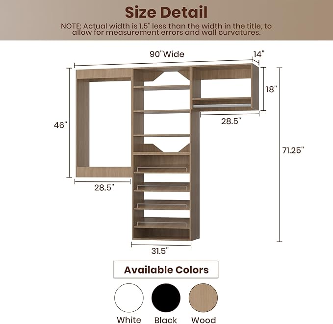 ROOMTEC Modular Closet System, 90" Wall Mounted Modern Closet Organizer with Hanging Rods and Shoe Shelf, Wooden Tower for Walk-In Closets, Wardrobe Storage Kit, Wood