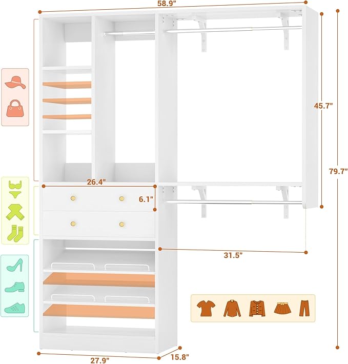 Closet System - 5FT Closet System with Drawers, 60"Closet Organizer System with 2 Hanging Shelving, Reversible Wall-mount Closet Systems for Walk-in Closets Area, White