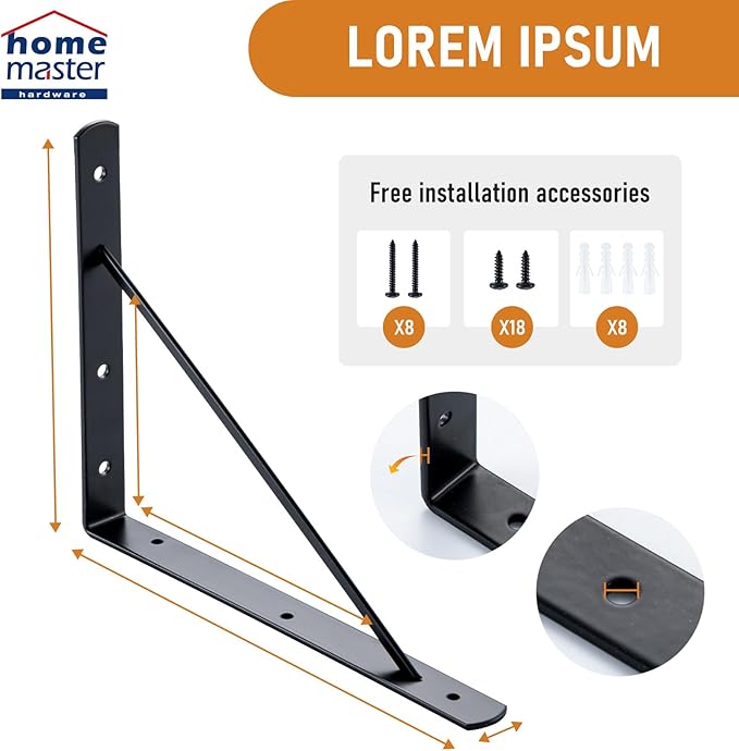 HOME MASTER HARDWARE 10 x 8 in Shelf Brackets, 90 Degree Triangle Wall Mount Angle L Bracket for Floating Shelves, Metal Support w/ Screws, 10 Pack Black