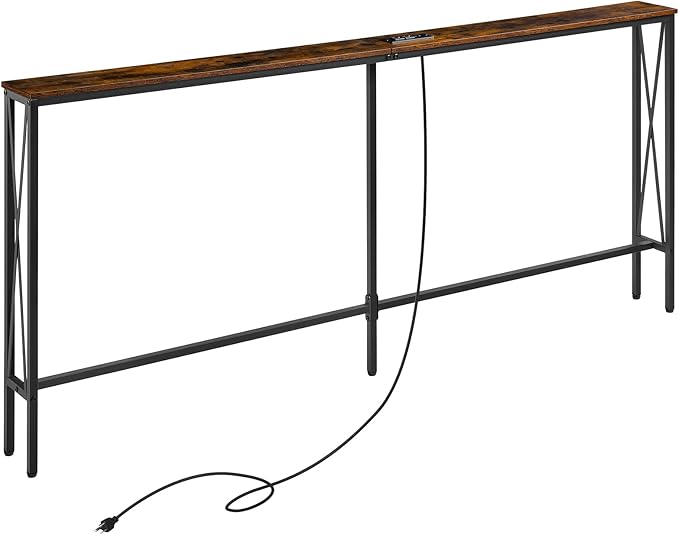 ELYKEN 5.9" Narrow Console Sofa Table with Power Outlets, 5.9" Dx70.9 Wx31.5 H Long Skinny Behind Couch Table with Charge Station and 6.5'Extension Cord, Rustic Brown