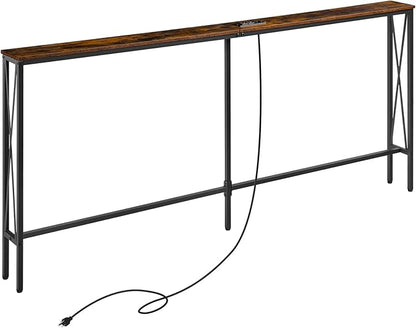 ELYKEN 5.9" Narrow Console Sofa Table with Power Outlets, 5.9" Dx70.9 Wx31.5 H Long Skinny Behind Couch Table with Charge Station and 6.5'Extension Cord, Rustic Brown