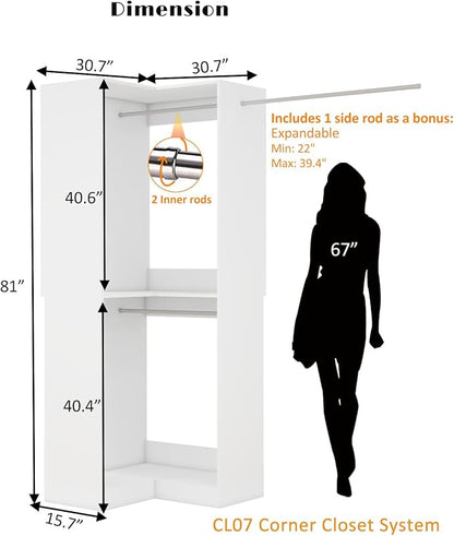 Corner Closet System with 3 Hanging Rods, Freestanding Closet Organizer Storage System L Shaped Walk in Closet Corner Modular Wardrobe, White