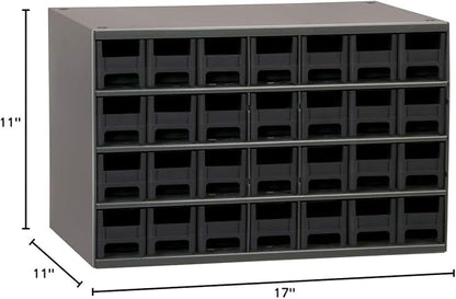 Akro-Mils Steel Garage Storage Cabinet, Small Parts Organizer Metal Cabinet for Hardware, Nails, Screws, Bolts, Nuts, and More, 17" W x 11" D x 11" H, 28-Drawer, Gray Cabinet/Black Drawers (19228)