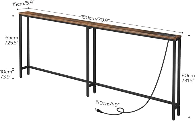 HOOBRO 70.9" Narrow Console Table with Charging Station, 5.9" Sofa Table with 2 Power Outlets and USB Ports, Long Entryway Tables Behind Couch Table, for Hallway, Livingroom, Rustic Brown BF185UXG01G1