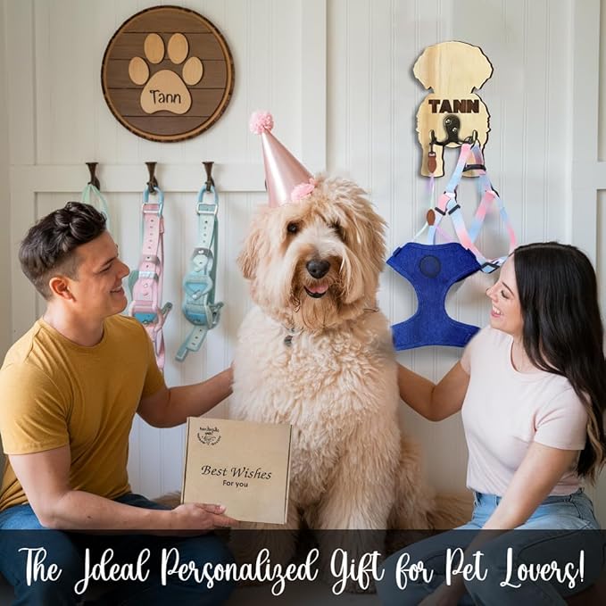 Personalized Dog Leash Holder, Custom Wooden Dog Wall Hook with Name, Wall Mounted Pet Harness Holder, Entryway Organizer for Leashes, Keys and Collars, Gift for Pet Lovers, Home Décor