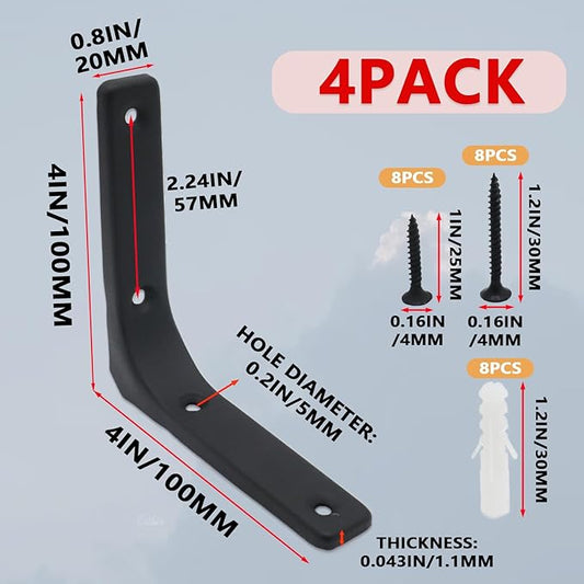4pcs 4 Inch L Brackets, Heavy Duty Wall Mount Black L Corner Brackets Braces for Wood, Shelves, Cabinets, 90 Degree Triangle Shelf Support with Screws, Small Right Angle Bracket
