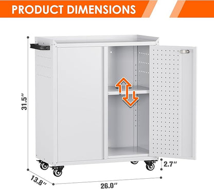 Aobabo Metal Garage Storage Cabinet on Wheels,2 Doors Storage Cabinet with Wheels for Garage,Assembly Required,White