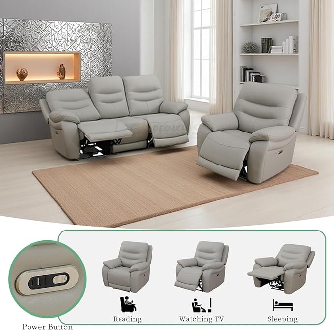 Power Reclining Sofa Set, Living Room Furniture Sets, 2-Piece Light Grey Breathing Leather Sofa and Chair with 3 Recliner Seats/Cup Holder/LED Light/USB Port for Living Room, Apartment, Office