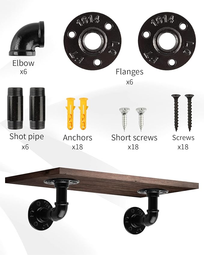MUZIK 6 Pack Industrial Pipe Shelf Brackets, L-Shaped Shelving Support for Wall Mount Floating Industrial Shelves - Vintage Black Iron Finish DIY Pipe Shelf (4*4 Inch)